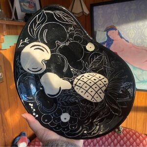 Vintage Handmade Ceramic Graphic Fruit Bowl Artsy Home Decor Black and White